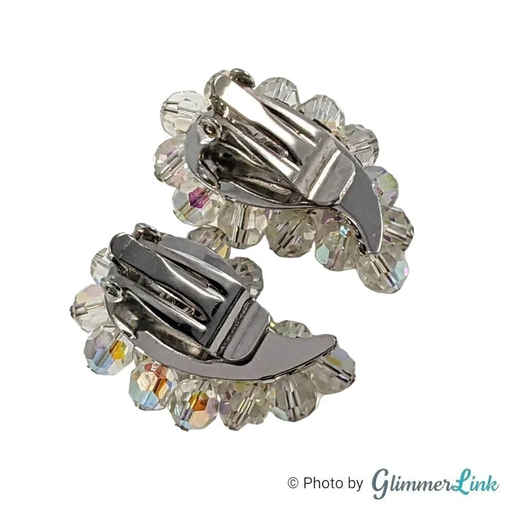 VTG AB Aurora Borealis Beaded Paisley Cluster Silver Tone Clip On Earrings